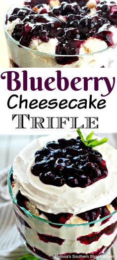 blueberry cheesecake trifle in a glass dish