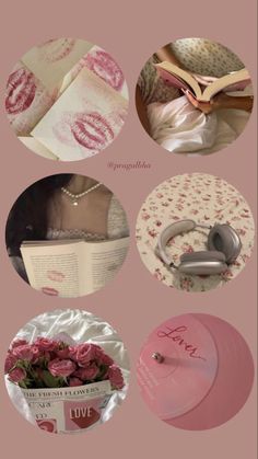 pink and white collage with roses, books, letters and other things on it