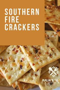 some crackers are stacked on top of each other with the words southern fire crackers above them