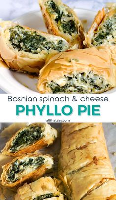 spinach and cheese phylo pie on a white plate with text overlay