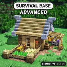 an image of a small wooden house in the middle of some grass and bushes with text survival base level 3