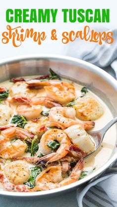 creamy tuscan shrimp and scallops in a skillet