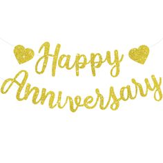 happy anniversary banner with gold glitter hearts on white background and the words happy anniversary written in cursive font