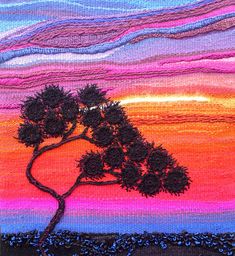 a painting of a tree in front of a colorful sky