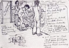 this is a drawing of some people working on something in the kitchen, with words written below it