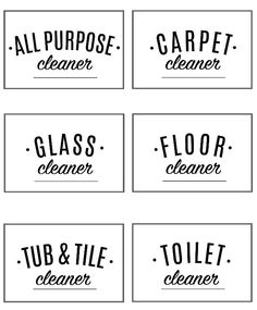 four different labels with the words glass cleaner, floor cleaner, toilet cleaner and all purpose cleaner