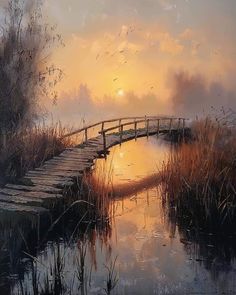 a painting of a bridge over a body of water