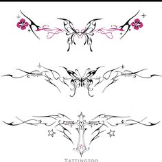 four different tattoo designs with flowers and stars on the top one is black, white and pink