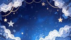 a blue background with stars and clouds in the night sky, as well as white lace