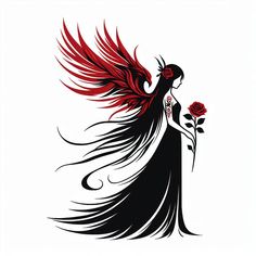 a woman with long hair holding a rose in her hand and red feathers on her head