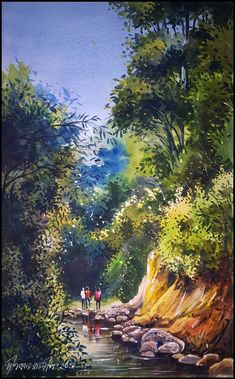 an oil painting of people walking down a stream