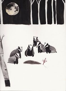 a drawing of three badgers in the snow with trees and moon behind them at night