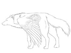 a drawing of a wolf with wings on it's back and head in the air