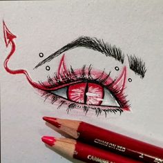 a pencil drawing of an eye with red lipstick