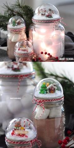 some jars filled with candy and christmas decorations