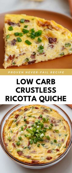 Image for Low Carb Crustless Ricotta Quiche Easy Breakfast Quiche Crustless, Quiche Add Ins, Weight Watchers Crustless Quiche, Low Calorie Crustless Quiche, Low Carb Weeknight Meals, Egg And Ricotta Recipes, Ricotta Frittata Recipes, Crustless Egg Quiche, Ricotta Cheese Quiche Recipes