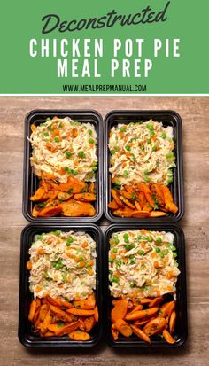 four plastic trays filled with chicken pot pie and carrots on top of a wooden table