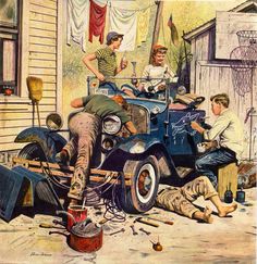 an old fashioned christmas card with men working on a car