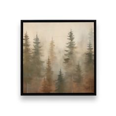 a painting with trees in the background and foggy sky above it, on a white wall