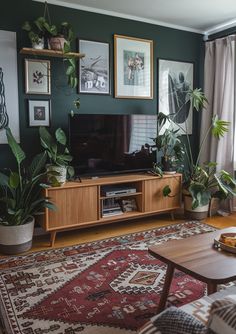 a living room filled with lots of plants and pictures on the wall next to a coffee table