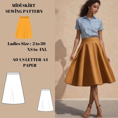 a women's skirt sewing pattern with the front and back view of it in two different colors