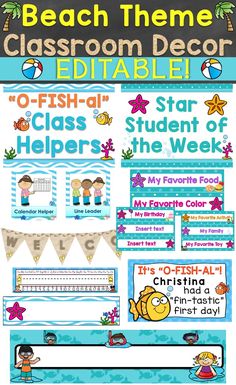 the beach theme classroom decor bundle includes posters, banners and other items for students to use