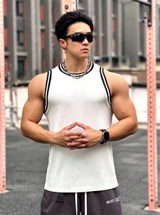 Knit O Neck Men’s Sports & Fitness Tank Top Casual Ribbed Tank Top For Streetwear, White Ribbed Tank Top For Sports, White Ribbed Activewear For Sports, Casual Crew Neck Sports Vest, Casual White Ribbed Vest, Casual Sports Vest Top, Ribbed Sleeveless Sportswear Activewear, Casual White Sleeveless Activewear, Casual Breathable Vest For Summer