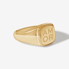 Show your love with this bold signet ring. Tanner's modern heirloom design, engraved with the 'love' of your choice, is sure to make a statement when worn alone or stacked with your other staples. Select your love language and ring size for your fingers or pinkie. Crafted with a luxury 14 karat gold plating over a solid sterling silver base, this Adorn Luxe ring has a beautiful ‘demi-fine’ jewelry finish. Modern Gold Signet Promise Ring, Elegant Stackable Signet Ring For Promise, Timeless Personalized Rings, Timeless Everyday Personalized Rings, Personalized Timeless Rings For Everyday, Everyday Personalized Timeless Rings, Stackable Signet Ring With Thick Band For Anniversary, Classic Everyday Stackable Signet Ring, Stackable Thick Band Signet Ring For Anniversary