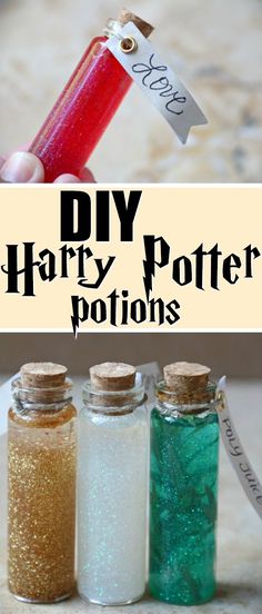 three bottles filled with different colored glitters and the words diy harry potter potions