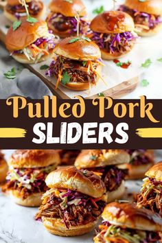 pulled pork sliders with coleslaw slaw on the side and text overlay that reads pulled pork sliders