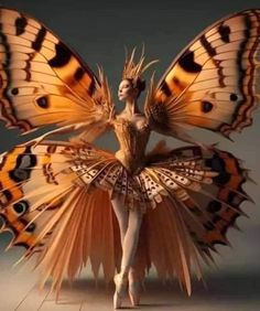 a woman dressed as a butterfly with her wings spread out and hands on her hips