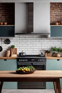 Modern kitchen with a brick wall, stainless steel appliances, and a wooden table topped with fresh produce. Latest Home Trends