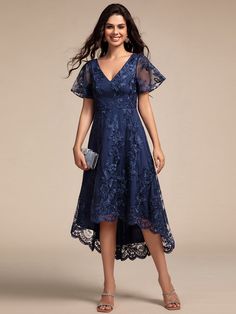 Embroidered Mesh Double V-Neck Short Sleeves Midi Wedding Guest Dress #color_Navy Blue V-neck Floral Embroidered Lace Wedding Dress, V-neck Floral Embroidered Evening Dress For Prom, Floral Embroidered V-neck Evening Dress For Prom, V-neck Evening Dress With Floral Embroidery For Prom, Floral Embroidered V-neck Prom Evening Dress, V-neck Embroidered Wedding Evening Dress, Elegant Embroidered V-neck Evening Dress, V-neck Lace Dress With Floral Embroidery For Party, Blue Lace Evening Dress With Illusion Neckline