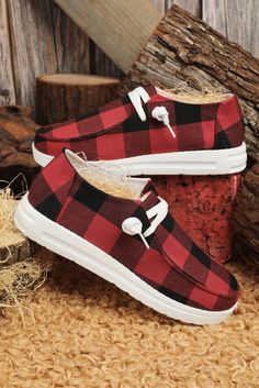 Red Buffalo Plaid Canvas Slip-On Shoes These are very comfortable shoes. Has nice insole and are lightweight. True To Size!!! Black Wedge Flip Flops, Plaid Shoes, Plaid Flats, Canvas Slip On Shoes, Fashion Bottoms, Lace Up Flats, Red Vintage, Vintage Plaid, Red And Black Plaid