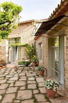 an outdoor patio area with potted plants and chairs on the stone walkway between two buildings