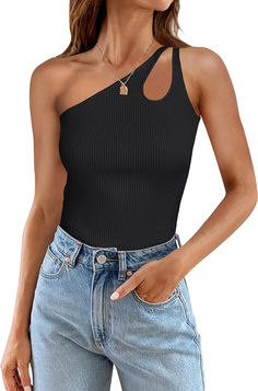 ZESICA One Shoulder Tops for Women Sleeveless Summer Top Cut Out T Shirt Ribbed Knit Basic Tank Slim Fit 2024 Fashion One Shoulder Tank, Sleeveless Tops Summer, Rib Knit Top, Sleeveless T Shirt, Womens Tops Summer, One Shoulder Tops, Sleeveless Tshirt, Basic Tee