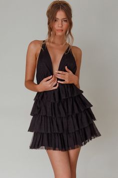 Shop the Auguste Tiered Frill Mini Dress Black | Selfie Leslie Sorority Formal Dress Short, Selfie Leslie Dresses, Black Semi Formal Dress, Black Selfie, Hoco Inspo, Frill Mini Dress, March Wedding, Selfie Leslie, Hoco Dress