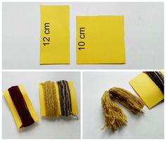 four pictures showing different types of yarns and numbers on yellow paper with brown thread