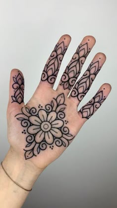 a person's hand with tattoos on it, and the palm is painted black