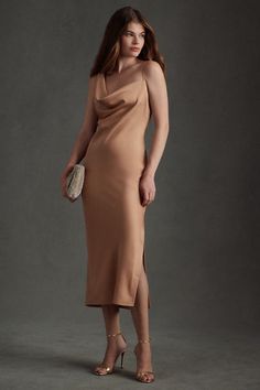 Classic with a twist, this dress has a sophisticated, softly modern air, gracefully skimming the body but allowing for a flutter of sheen as you move. Midi Evening Dress, Bhldn Dresses, Bridal Event, Romantic Look, Cowl Neck, Evening Dress, Bridal Party, One Shoulder Formal Dress, Wedding Gowns