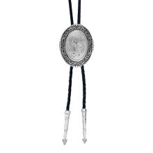 Special events are made a bit more special when you wear the Montana Silversmiths� Southwestern Rancher's Bolo Tie. It showcases a traditional Western cut in the center of the oval, which is then accented with antiqued-silver filigrees and geometric shapes inspired by the old Southwestern style. The black braided cord contrasts handsomely with the medallion and the silver arrow pointed tips. 99.% fine-silver plating over a brass base for bright shine. A Montana Armor� coating protects the piece Luxury Southwestern Sterling Silver Bolo Tie, Western Bolo Tie, Silver Arrow, Leather Lanyard, Bolo Tie, Silver Engraving, Southwestern Style, Silver Filigree, Braided Leather