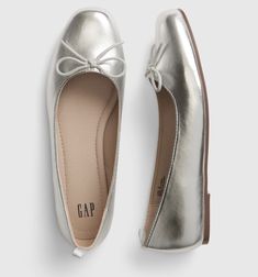 GAP Ballet Flats - $49.95 Silver Ballet Flats Outfit, Ballerina Shoes Outfit, Ballet Flats Aesthetic, August Collage, Ballet Flat Outfits, Ballerina Flats Outfit, Church Shoes, Wicked Costumes, Cut Shoes