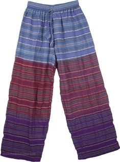 Three Color Bohemian Pajama Pants - In beautiful cascading shades of blue and purple these are colorful unisex pants made from cotton seersucker which is a naturally breathable fabric. The beautiful yarn-dyed pattern is soft and the colors are bright. You will feel comfortable and free in these light, loose, sweat pants and the elastic waist allow for a great fit on almost any figure. These pants are very chic, boho, and so liberal with their striped design and three ranges of color and they are Summer Purple Cotton Harem Pants, Multicolor Cotton Harem Pants For Beach, Blue Cotton Harem Pants For Loungewear, Purple Cotton Pants For Summer, Cotton Striped Beach Pants, Striped Cotton Beach Pants, Blue Cotton Hippie Pants, Blue Hippie Cotton Pants, Purple Cotton Pants With Elastic Waistband