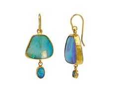 Breathtaking in their captivating colors, these Judy Geib earrings are a stunning alternative to traditional colored stone earrings. Each opal is polished smooth to reflect tones of milky periwinkle, neon pink, bright green, intense indigo and earthy brown matrix. The four stones are framed in22K yellow gold and backed by sterling silver to create a fixed double drop hanging from the 18K yellow gold ear wires. total length : 1 5/16"opals : vary : 3mm diameter to 14mm x 13mm each18K yellow gold e Blue Opal Gemstone Earrings, Blue Teardrop Fusion Earrings, Formal Opal Gemstone Earrings, Fusion Style Blue Gemstone Earrings, Blue Contemporary Earrings As Gift, Contemporary Blue Earrings For Gift, Judy Geib, Jewelry Facts, Daniela Villegas