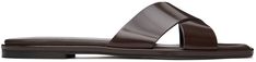 Buffed calfskin slip-on flat sandals in brown. · Open square toe · Criss-crossing straps at vamp · Logo embossed at padded lambskin footbed · Suede sole with rubber injection Supplier color: Moka Elegant Brown Slides With Leather Sole, Elegant Brown Flat Slides, Latest Sandal, T Strap Flats, Square Toe Sandals, Brown Leather Sandals, Studded Sandals, Open Toe Shoes, T Strap