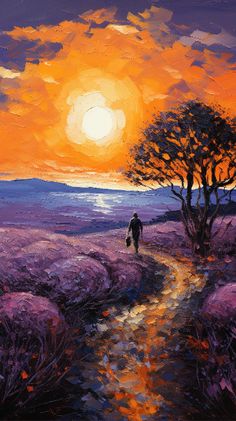 a painting of a man walking down a path towards the sunset over a lavender field