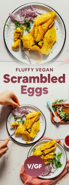 two plates with food on them and the words, fluffy vegan scrambled eggs