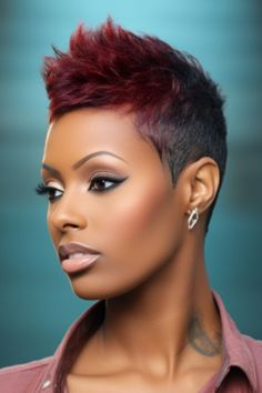 A pixie haircut with a clean undercut adds a touch of rebellion to your style. It’s a choice for black women who want to express their individuality. Click here to check out more stunning short hairstyles for black women. Short Wild Hairstyles, Natural Tapered Cuts For Black Women, Pixie Mohawk Black Women, Relaxed Short Hairstyles For Black Women, Hair Color Ideas Black Women, 4c Pixie Haircut, Very Short Bob Black Women, Braid Styles For Women