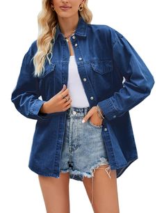 PRICES MAY VARY. Material: Made of durable 98% cotton and 2% Viscose, soft and comfortable, wash machine and hand wash safe. Women's denim shirt features that button down, long sleeve, lapel, pockets, baggy fit, casual style. Occasion: Women's jean shirt is suitable for Casual,Beach, Party, Club, Outdoor, Work, Office, School, Travel,Vocation Or Daily Wear. Women's button down jean blouse is matching with tank, vest, shirt, blouse and other clothes you want to wear, relaxed and comfortable to we Blouse Women Outfit, Back Of Denim Jacket, Denim Blouse Women, Jean Blouse, Blue Button Up Shirt, Jean Shirt, Womens Denim Shirt, Boyfriend Denim, Blouse Jeans