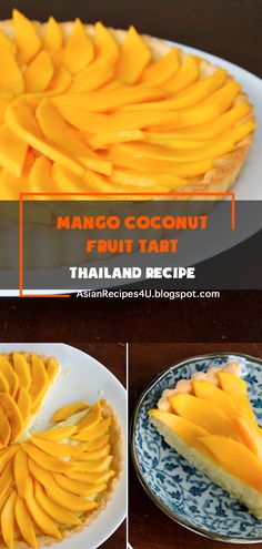 mango coconut fruit tart on a blue and white plate